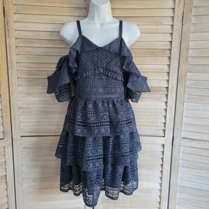 Two Sisters The Label Navy Blue Olivia Tier Ruffled Crochet Lace Mini Dress Sz 8